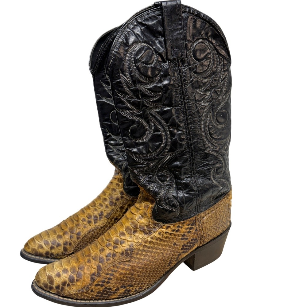 ACME Vintage Genuine Python Snakeskin Cowboy Boots Men's 9D Black Tan